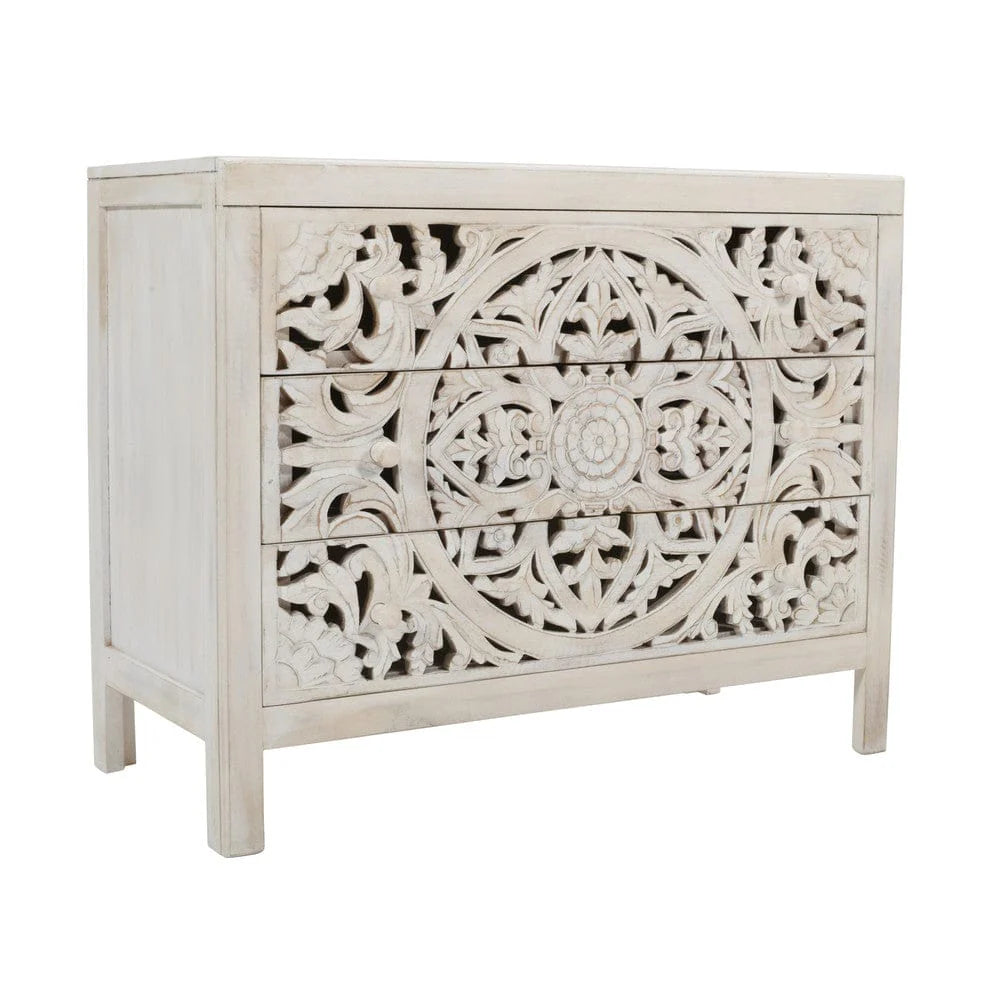 Rustic Solid Wood Global Boho Hand Carved Accent Chest with Three Drawers