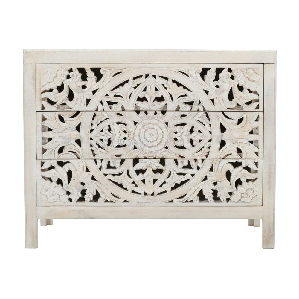 Rustic Solid Wood Global Boho Hand Carved Accent Chest with Three Drawers