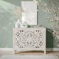 Rustic Solid Wood Global Boho Hand Carved Accent Chest with Three Drawers