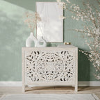 Rustic Solid Wood Global Boho Hand Carved Accent Chest with Three Drawers