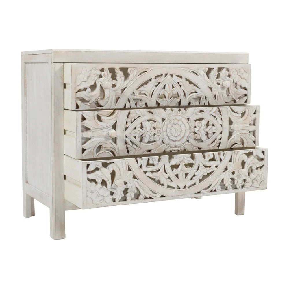 Rustic Solid Wood Global Boho Hand Carved Accent Chest with Three Drawers
