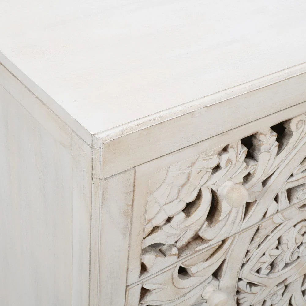 Rustic Solid Wood Global Boho Hand Carved Accent Chest with Three Drawers